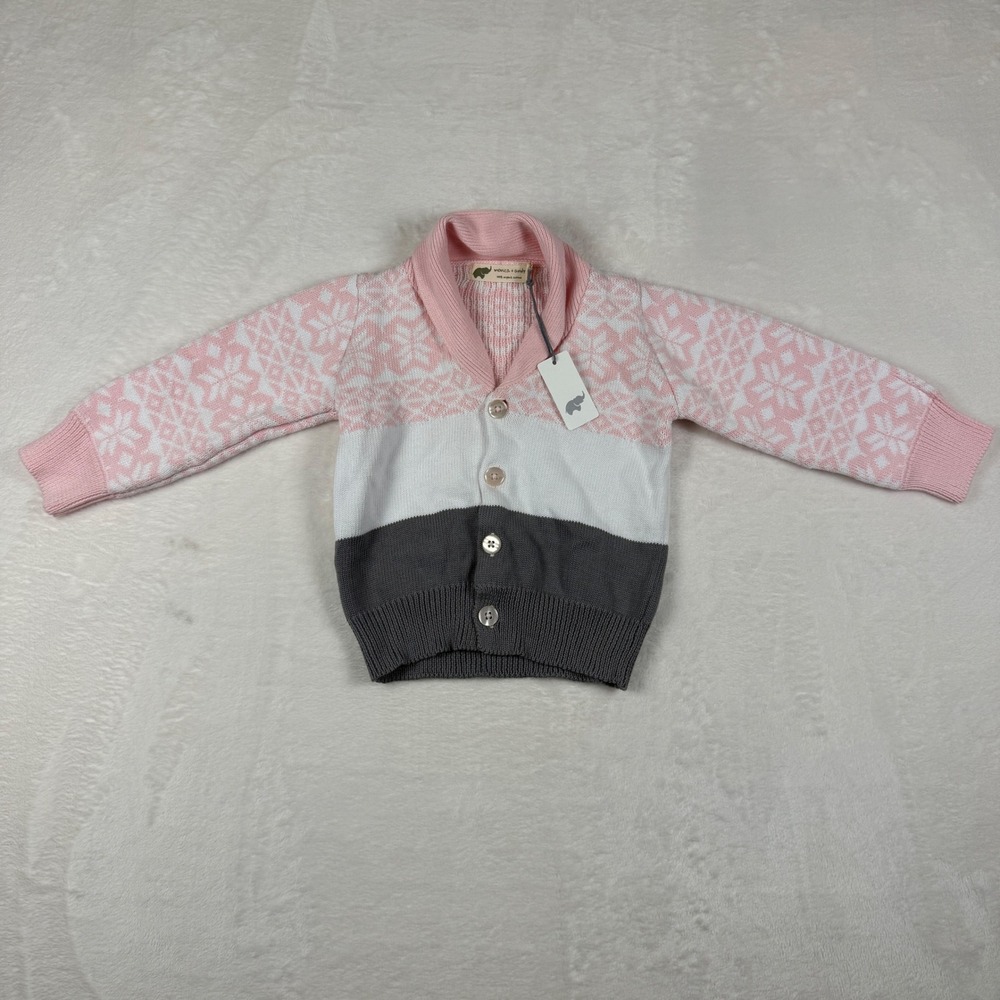 NWT Monica + Andy Organic Cotton Knit Cardigan Pink Gray White Girls 2T - Picture 1 of 5